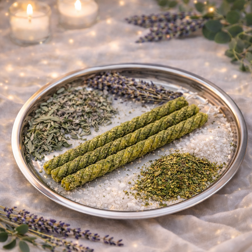 Natural Yellow Twisted Beeswax Herbal Candles – Healing & Balance (Set of 3)