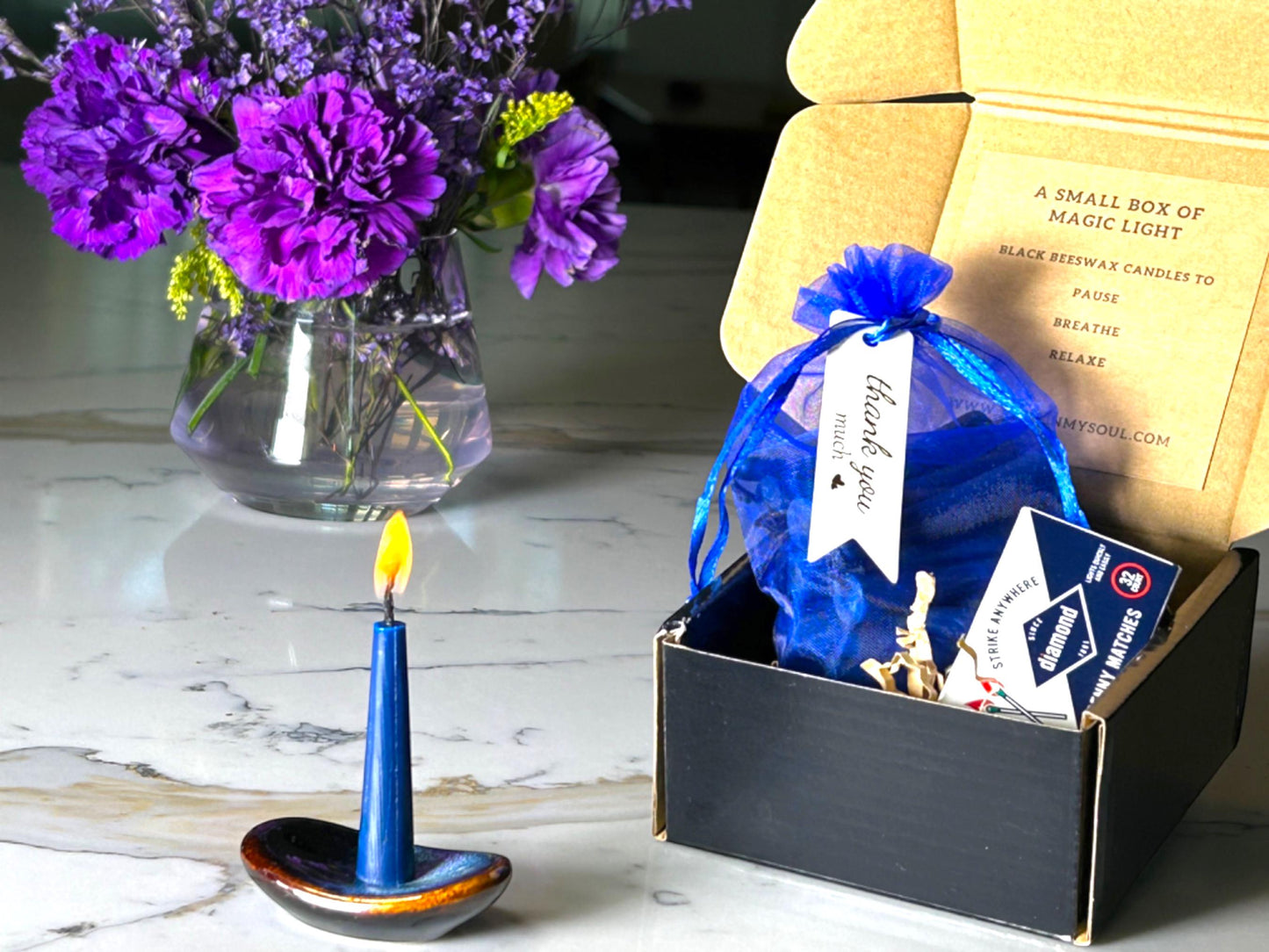 Candle Calendar – Set of 31 Blue Mini Beeswax Candles with Holder & Matches