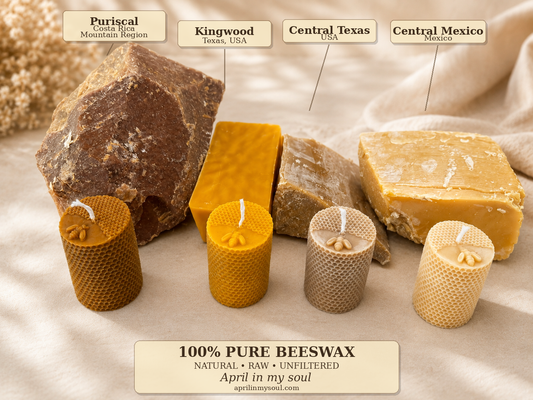 Four types of raw natural beeswax and candles made from each, labeled Puriscal Costa Rica, Kingwood Texas, Central Texas, and Central Mexico, showing natural color variation from dark brown to pale cream