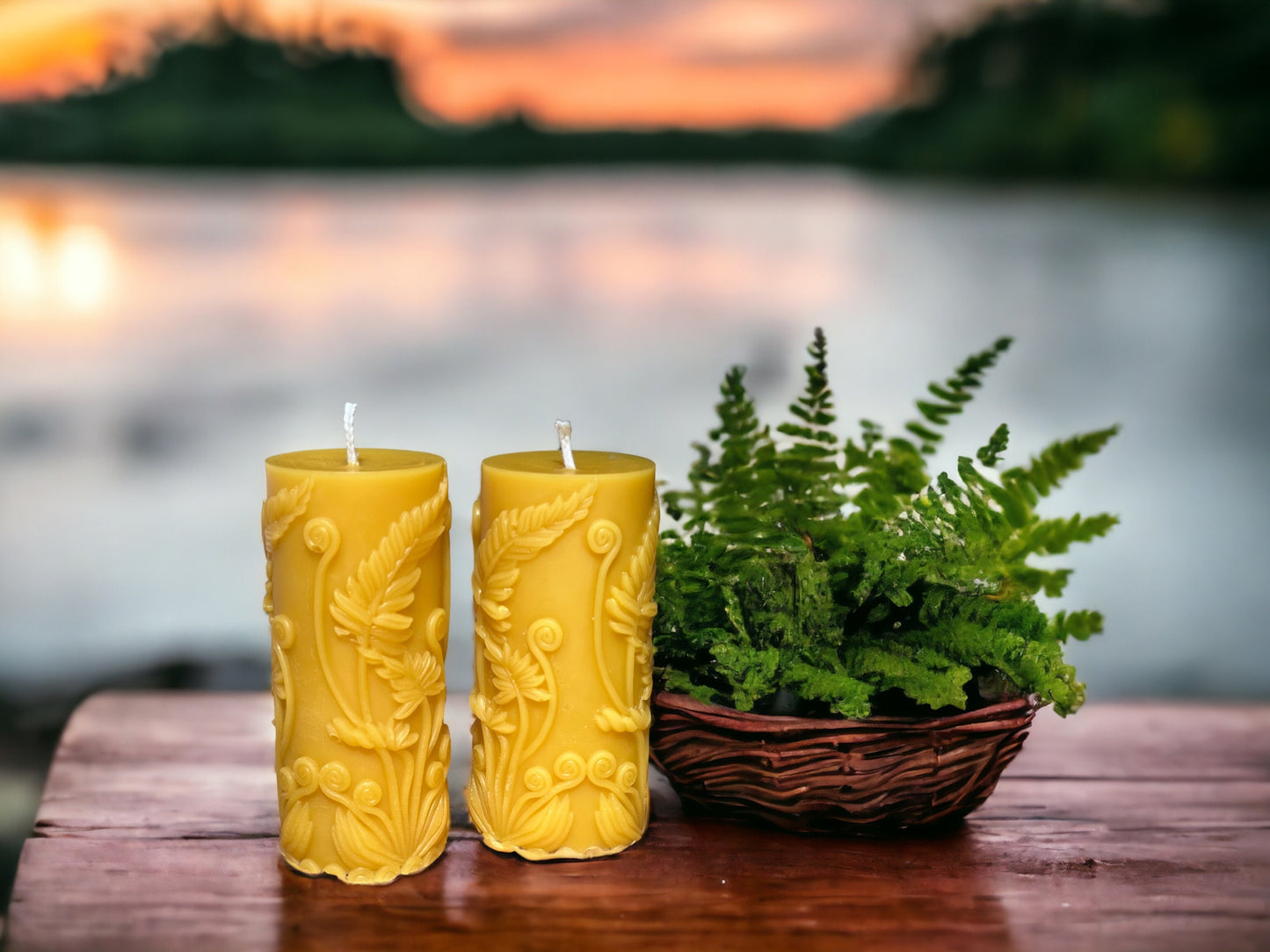 Night Glow Rustic Fern Beeswax Pillar - 4.5" x 2"