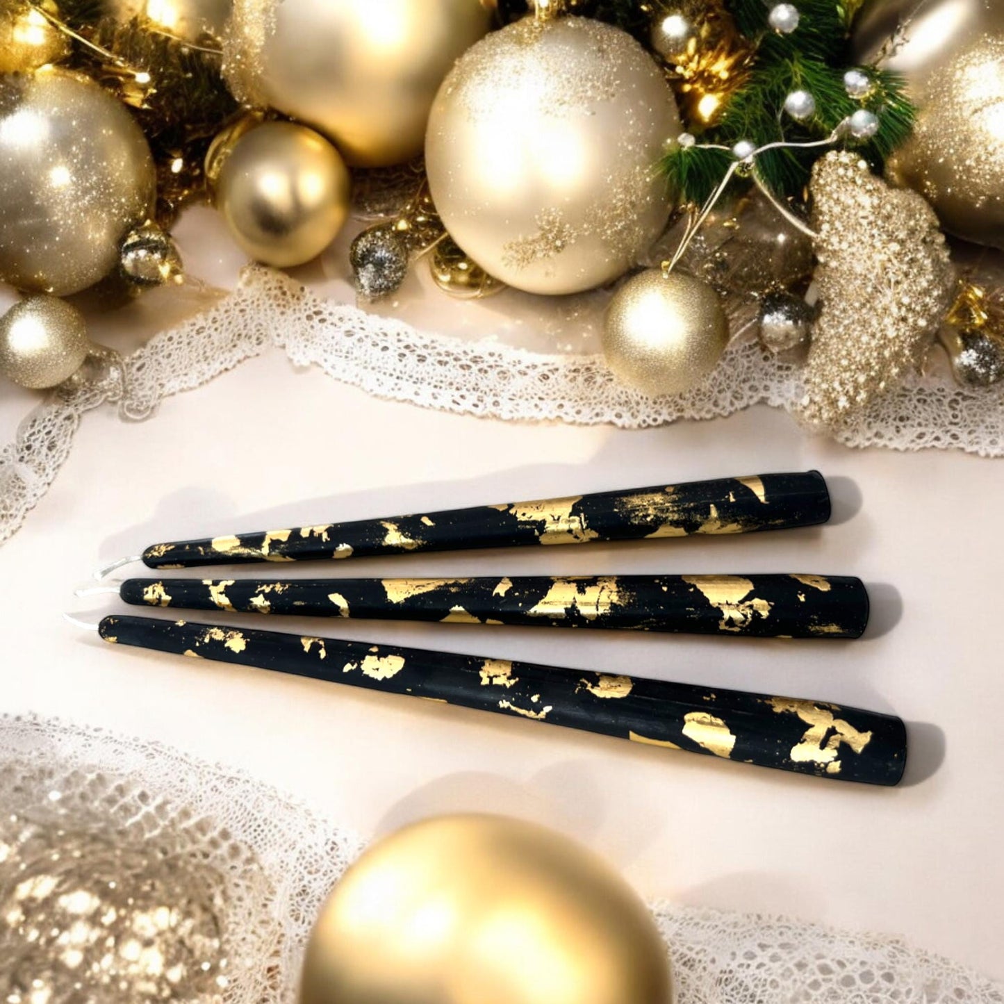 Midnight Golden Glow Beeswax Tapers - Black and Gold