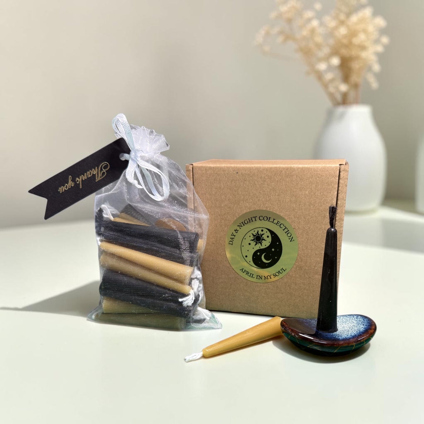 Gift Set of 30 Mini Beeswax Candles – Black and Natural Yellow, Day & Night Collection | Ritual, Prayer, Meditation Candles | Yin-Yang
