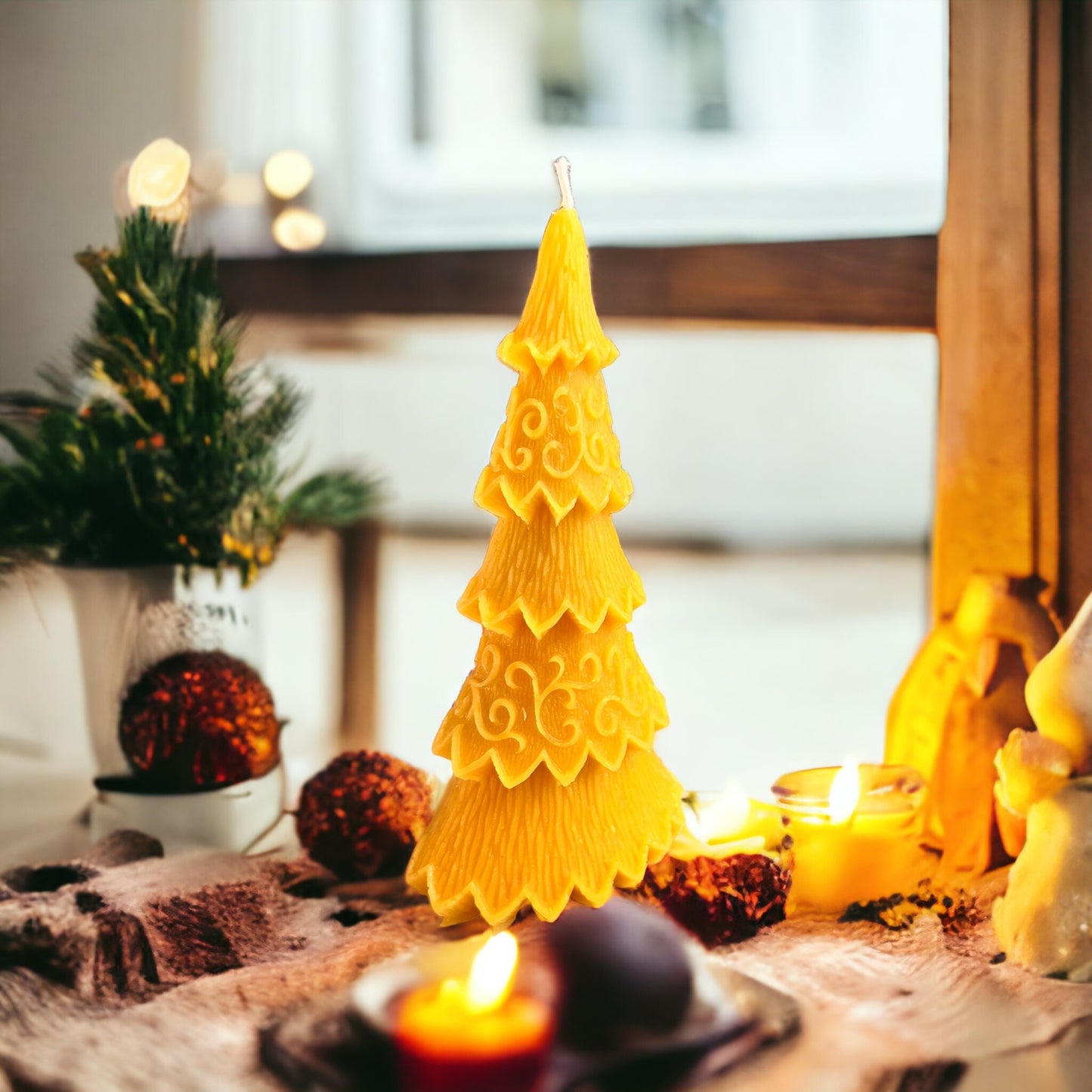 New Year Pine Tree Beeswax Candle – Oval Sculptural Form, 8 in