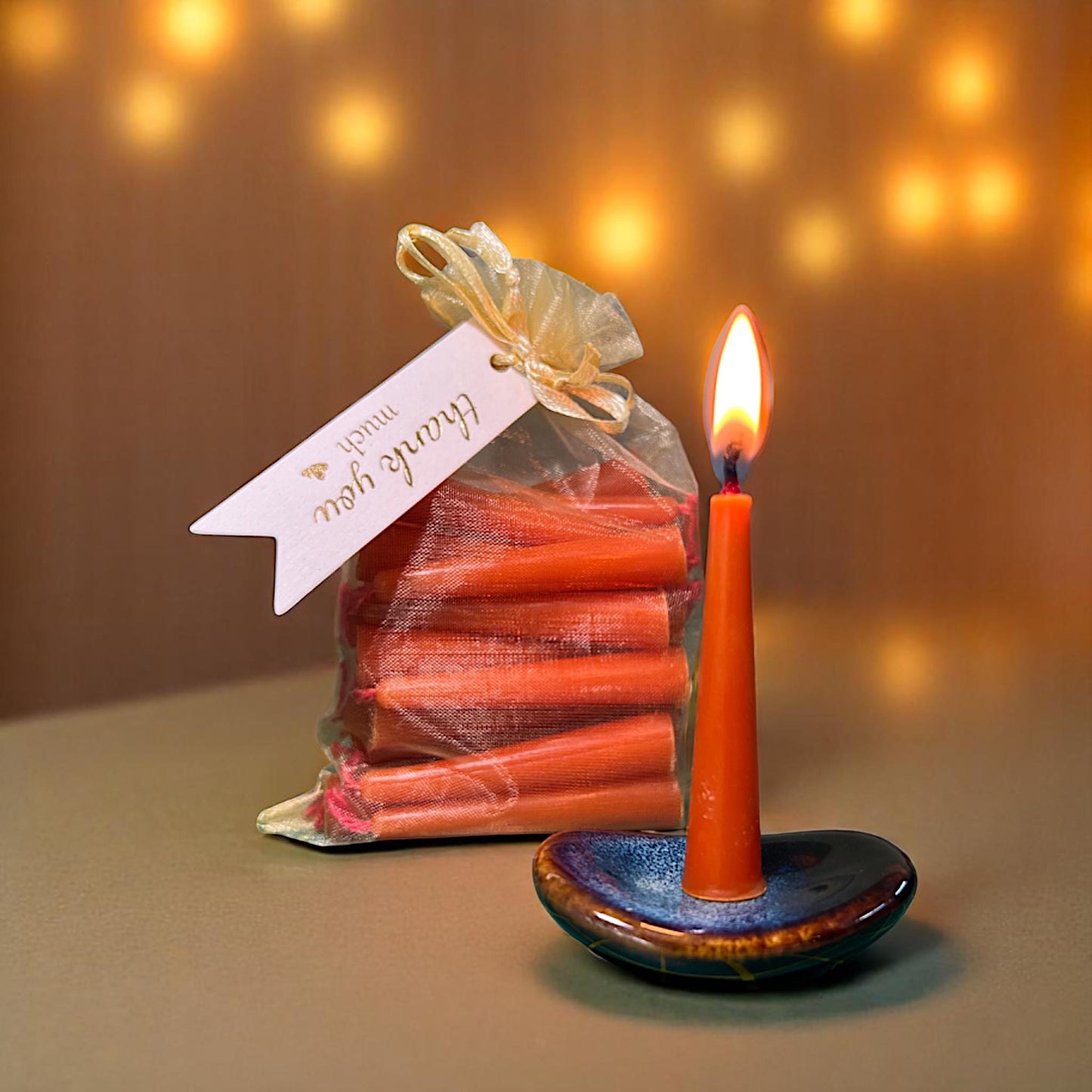 Set of 31 Mini Orange Beeswax Candles with Red Wicks – Complete Set with Holder, Matches & Box