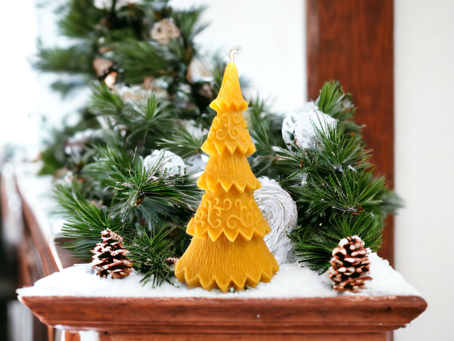 New Year Pine Tree Beeswax Candle – Oval Sculptural Form, 8 in
