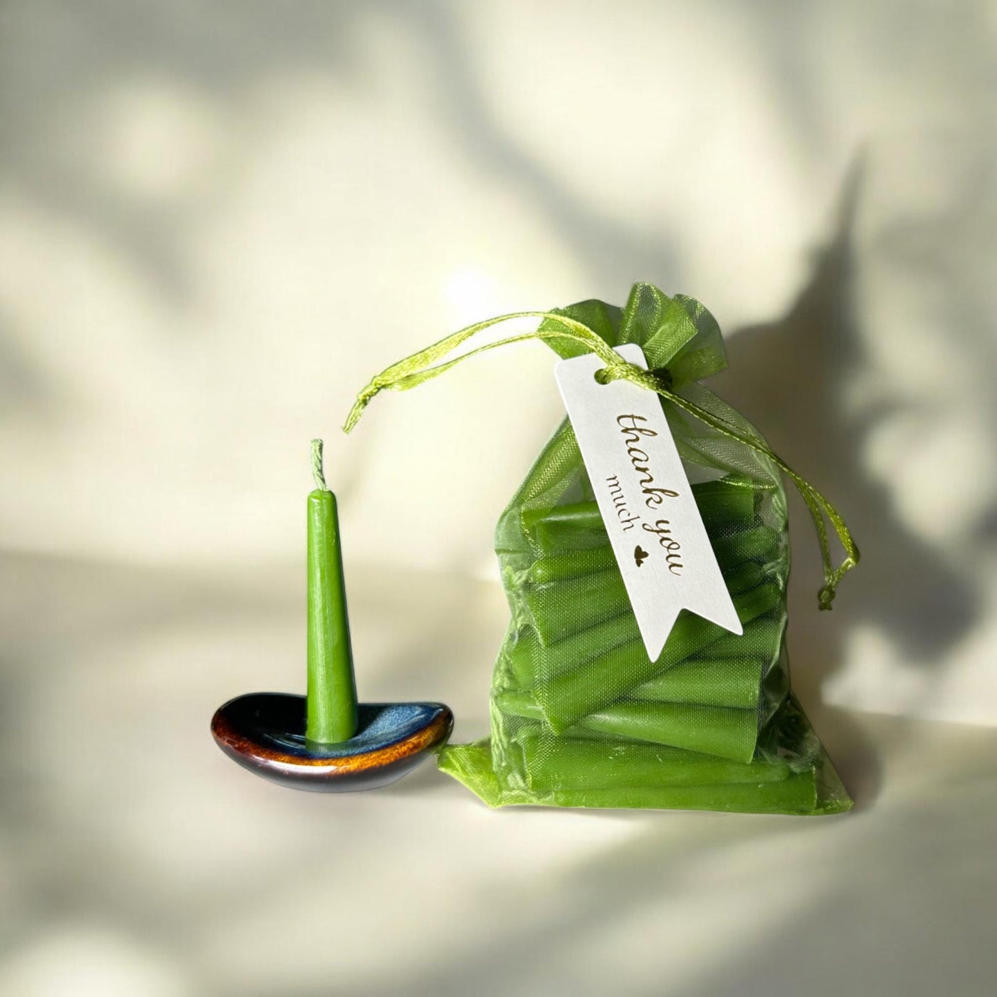 Set of 31 Green Mini Beeswax Candles with Holder, Matches & Gift Box