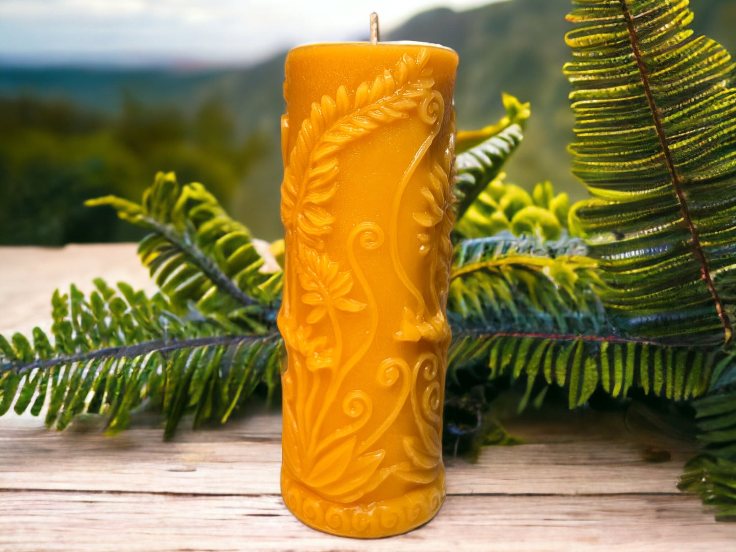 Fern Leaf Beeswax Pillar Candle – 7.2" Handmade, 100% Pure Beeswax