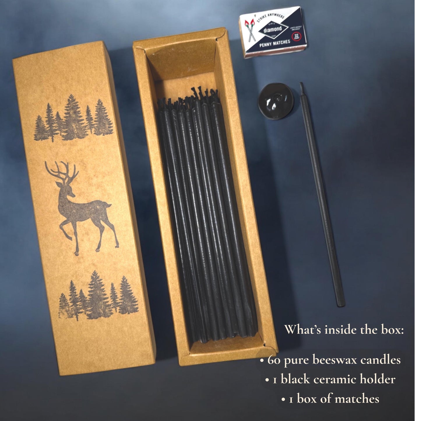 Absolute Black – Set of 60 Pure Beeswax Candles with Ceramic Holder