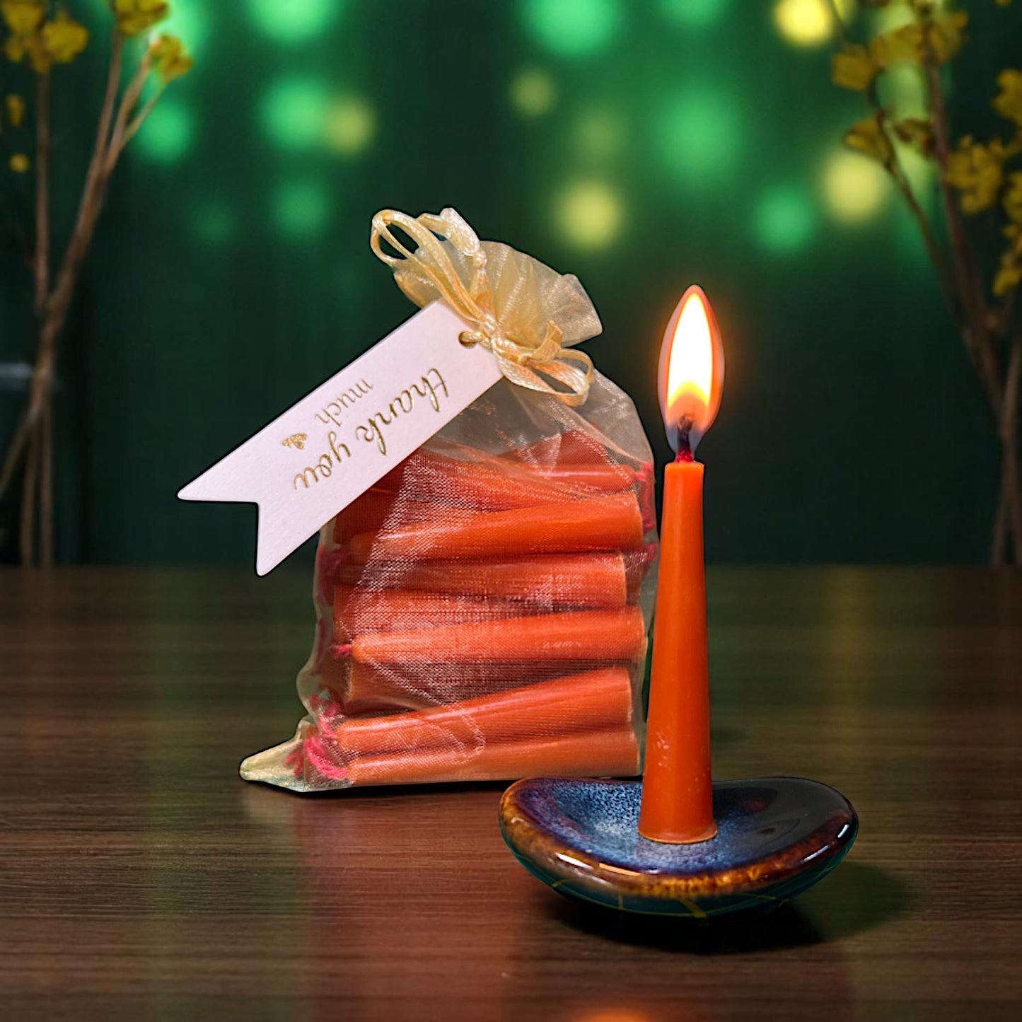 Set of 31 Mini Orange Beeswax Candles with Red Wicks – Complete Set with Holder, Matches & Box