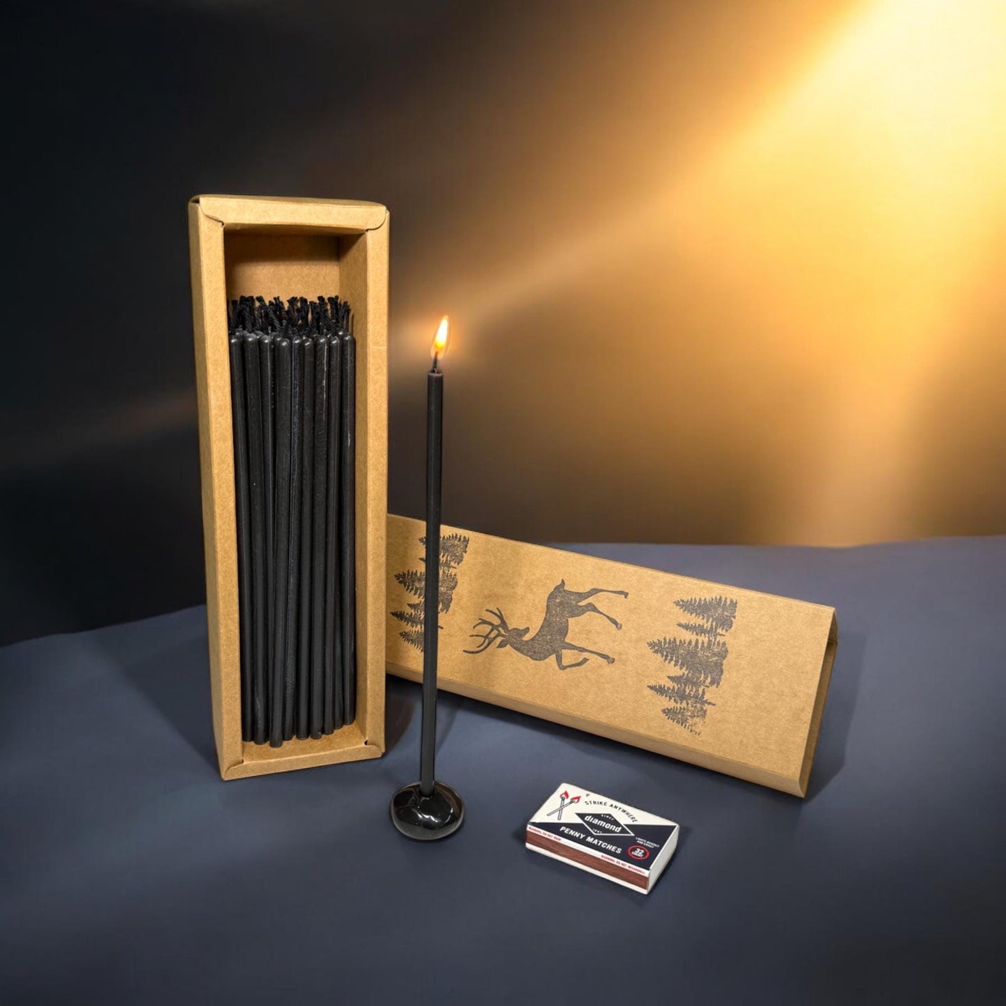 Absolute Black – Set of 60 Pure Beeswax Candles with Ceramic Holder