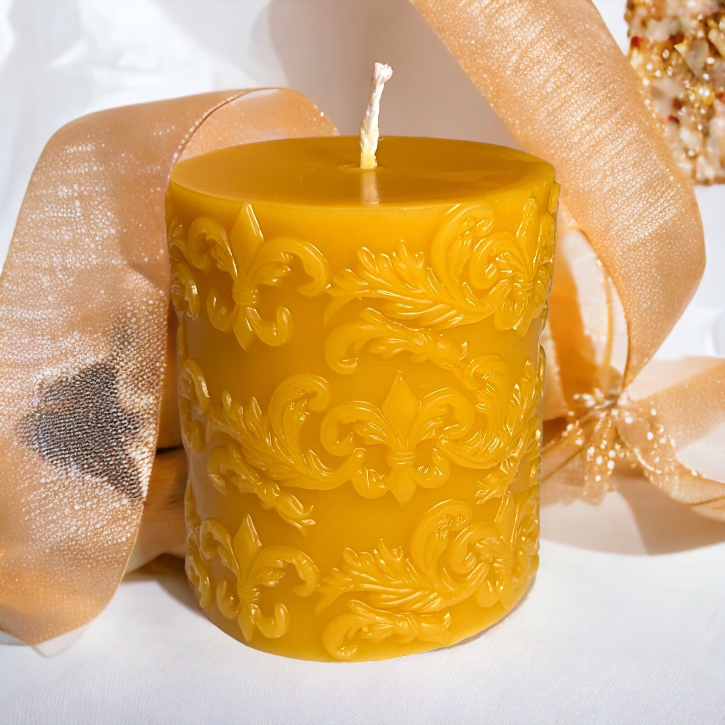Fleur-de-Lis Beeswax Pillar Candle – Hand-Poured, 100% Pure Beeswax