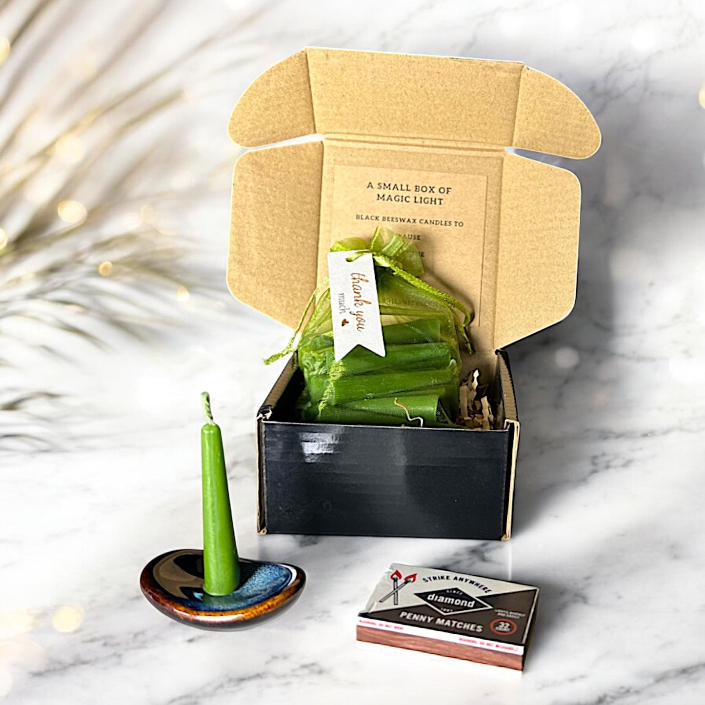 Set of 31 Green Mini Beeswax Candles with Holder, Matches & Gift Box