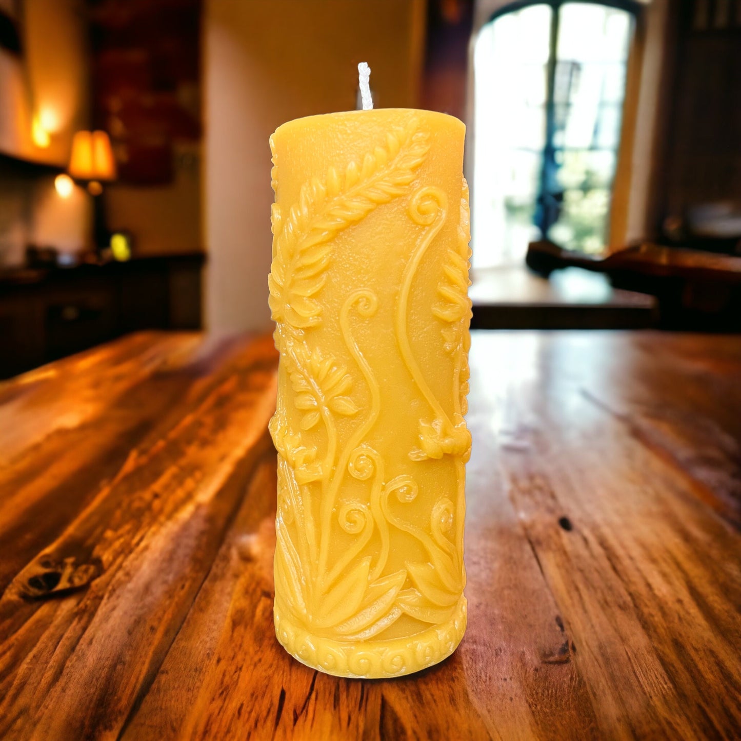 Fern Leaf Beeswax Pillar Candle – 7.2" Handmade, 100% Pure Beeswax