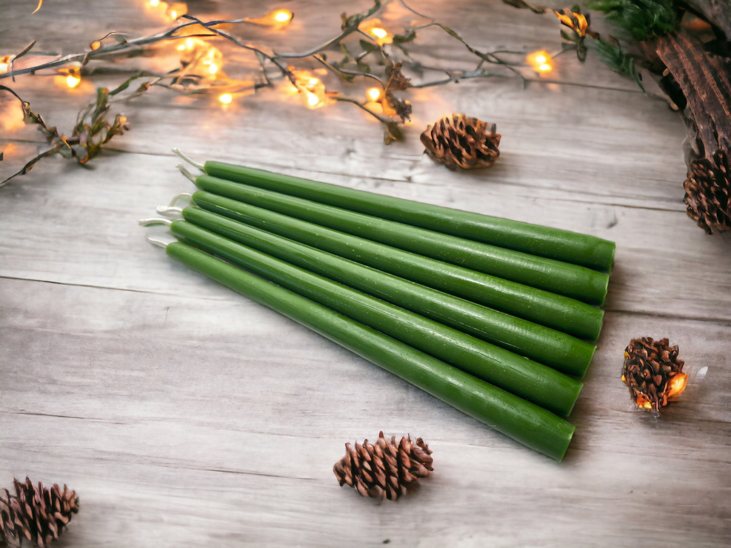 Set of 6 Green Beeswax Pillar Dinner Candles 10"