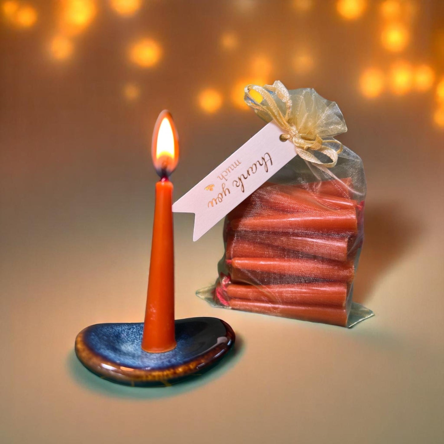 Set of 31 Mini Orange Beeswax Candles with Red Wicks – Complete Set with Holder, Matches & Box