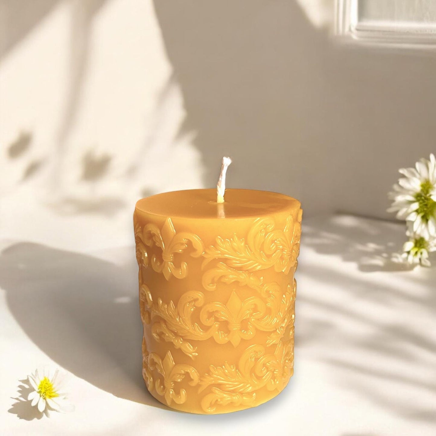 Fleur-de-Lis Beeswax Pillar Candle – Hand-Poured, 100% Pure Beeswax
