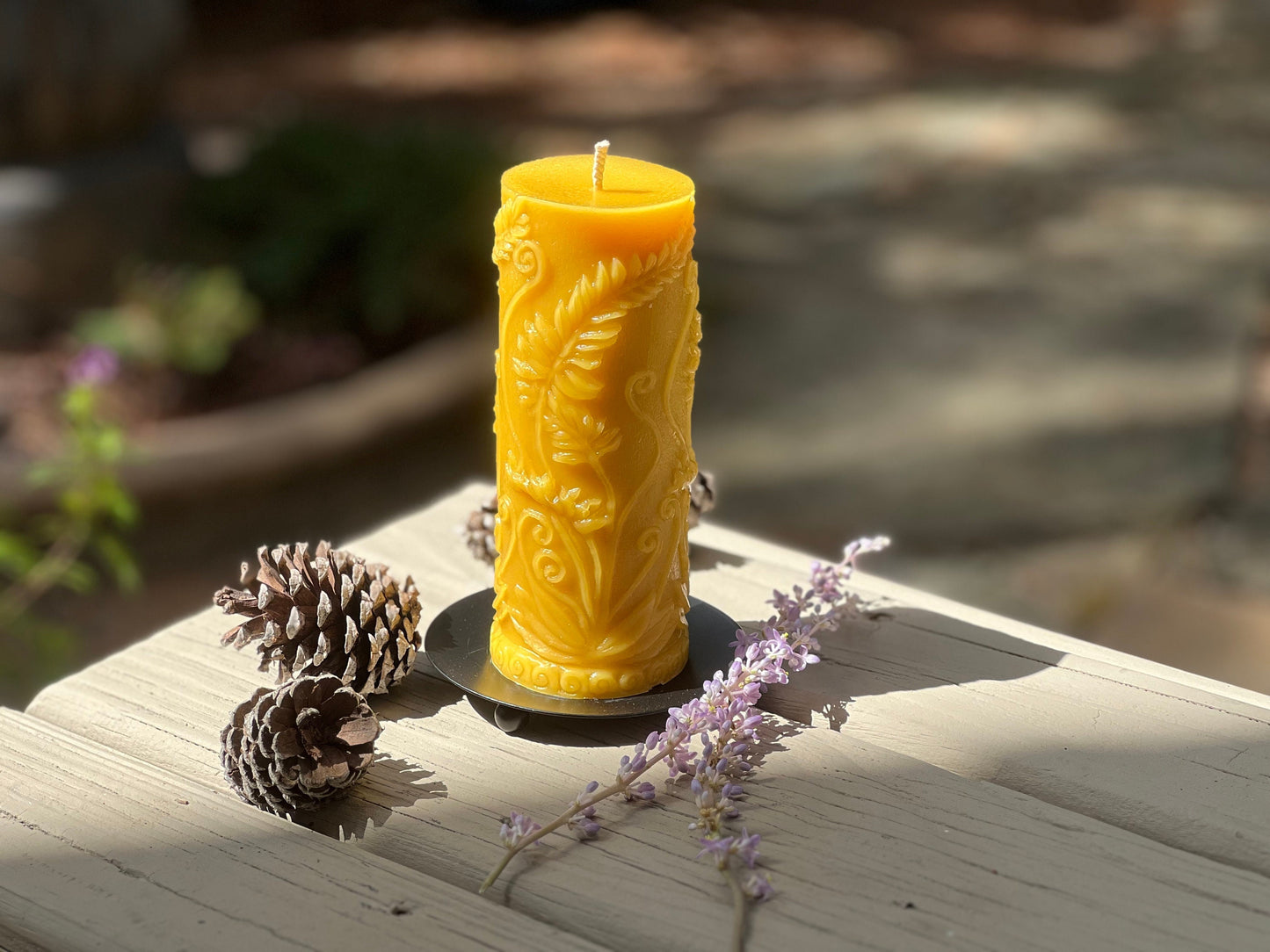 Fern Leaf Beeswax Pillar Candle – 7.2" Handmade, 100% Pure Beeswax
