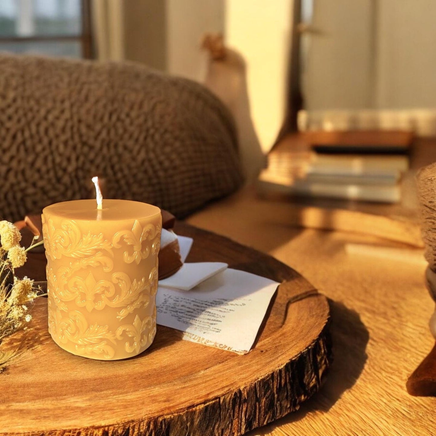 Fleur-de-Lis Beeswax Pillar Candle – Hand-Poured, 100% Pure Beeswax