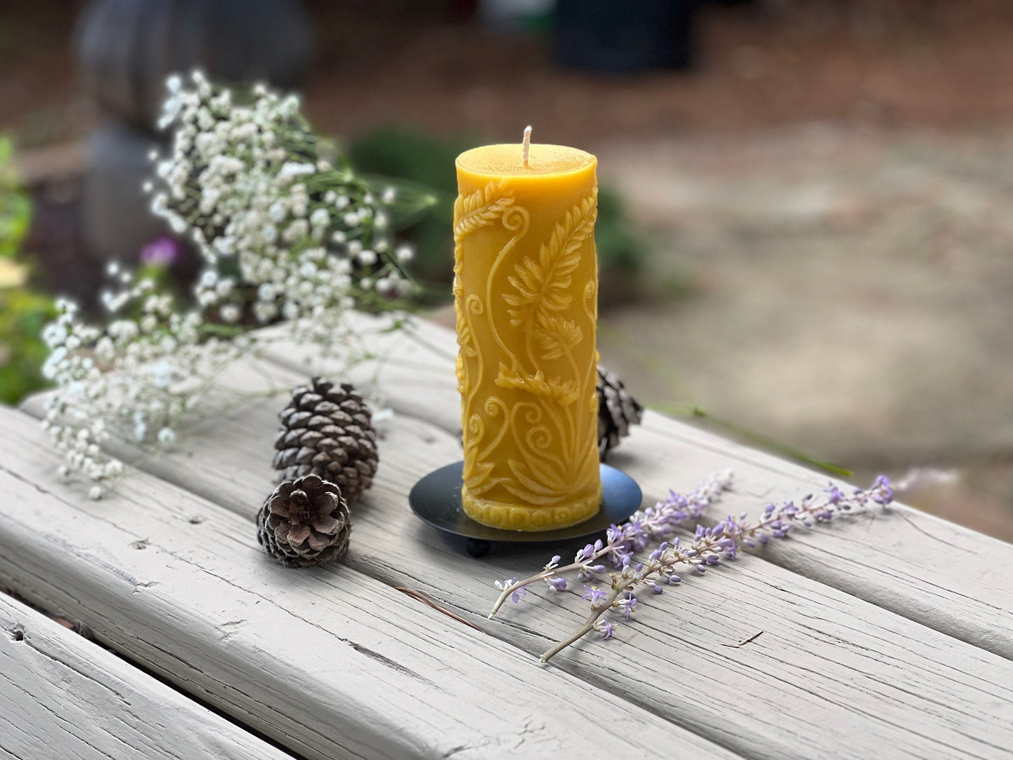 Fern Leaf Beeswax Pillar Candle – 7.2" Handmade, 100% Pure Beeswax