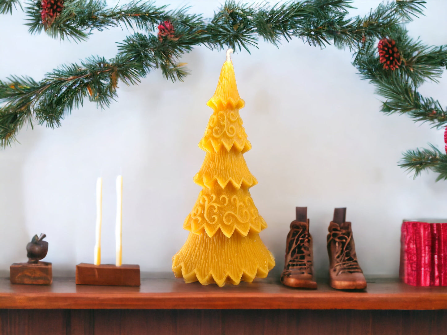 New Year Pine Tree Beeswax Candle – Oval Sculptural Form, 8 in