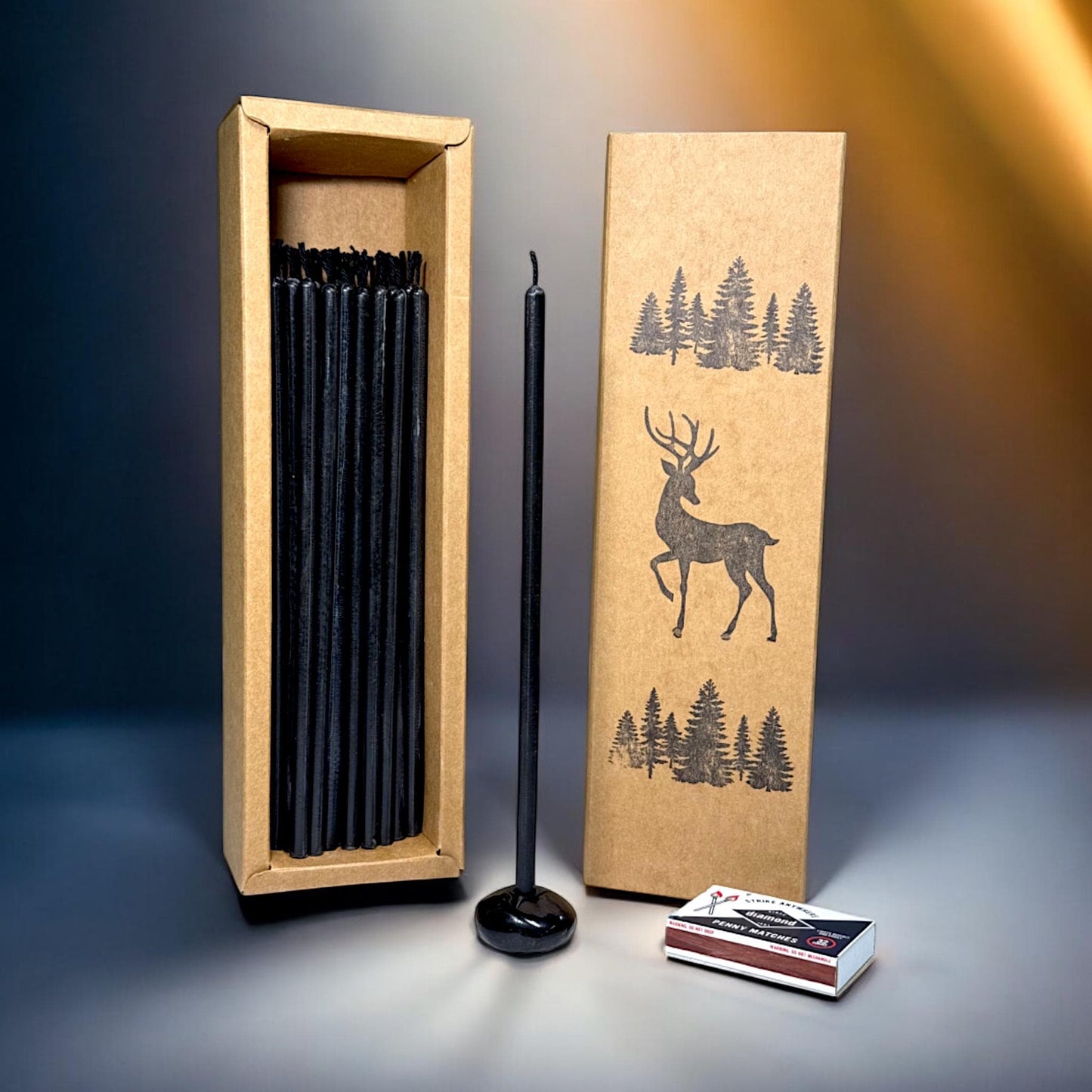 Absolute Black – Set of 60 Pure Beeswax Candles with Ceramic Holder