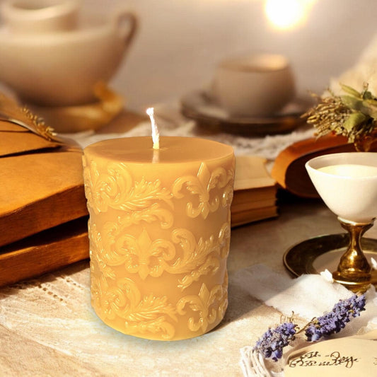 Fleur-de-Lis Beeswax Pillar Candle – Hand-Poured, 100% Pure Beeswax