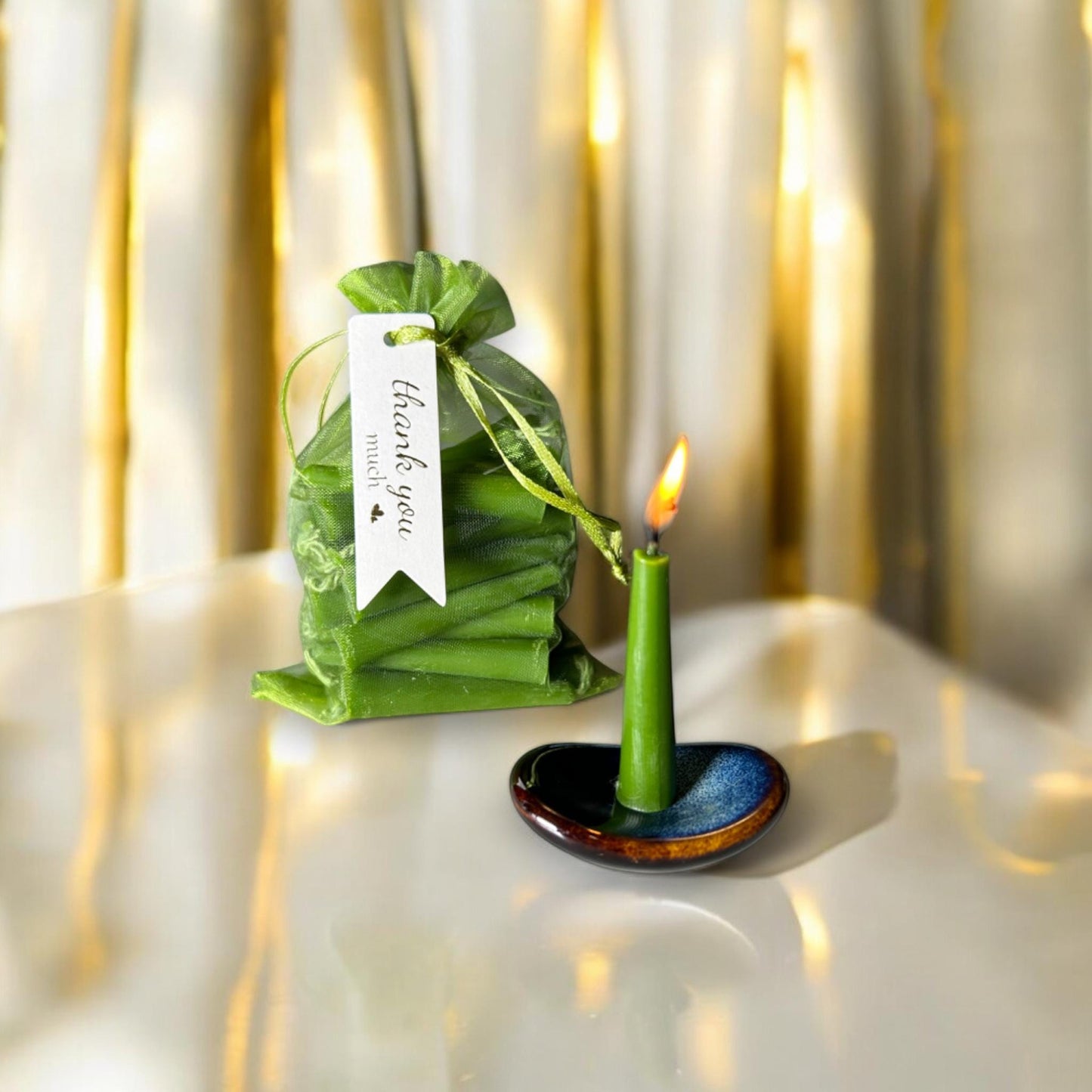 Set of 31 Green Mini Beeswax Candles with Holder, Matches & Gift Box