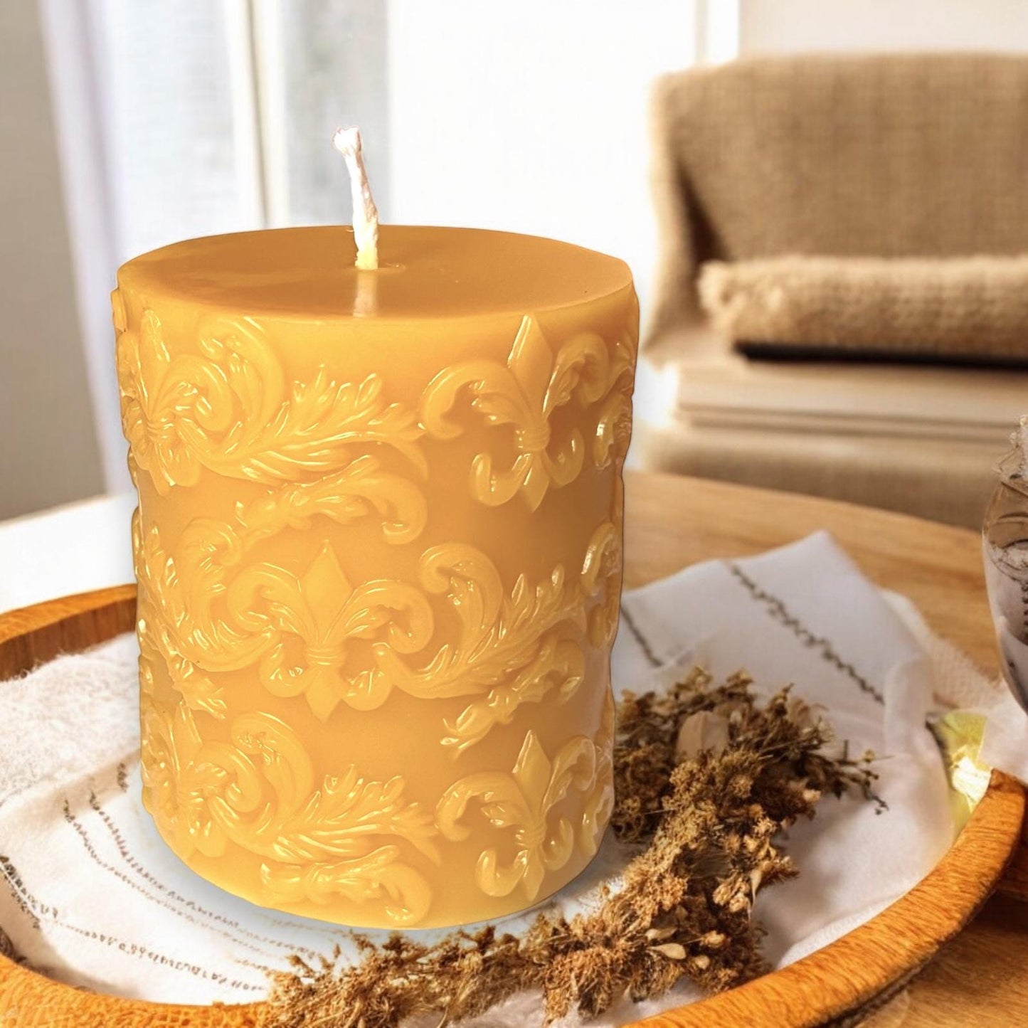 Fleur-de-Lis Beeswax Pillar Candle – Hand-Poured, 100% Pure Beeswax