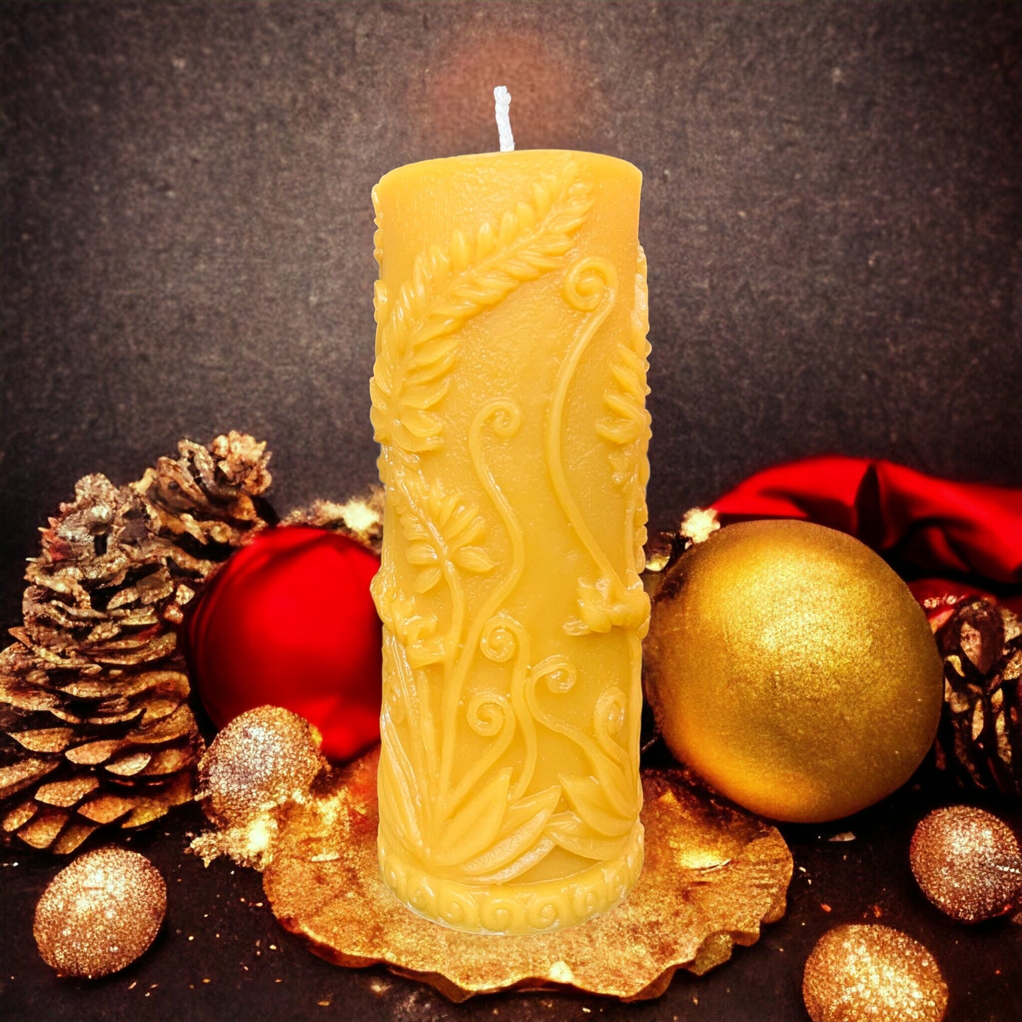 Fern Leaf Beeswax Pillar Candle – 7.2" Handmade, 100% Pure Beeswax