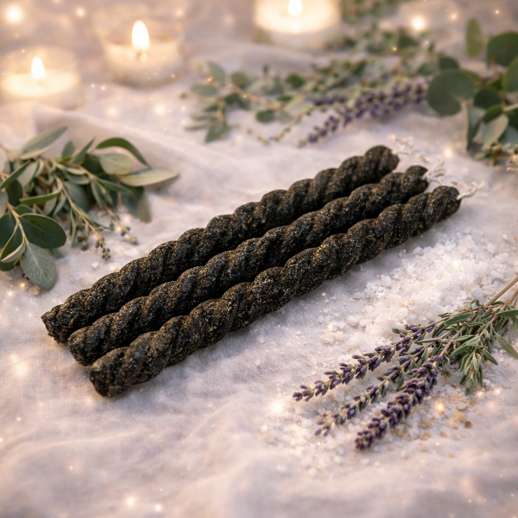 Black Twisted Beeswax Herbal Candles – Protection & Cleansing (Set of 3)