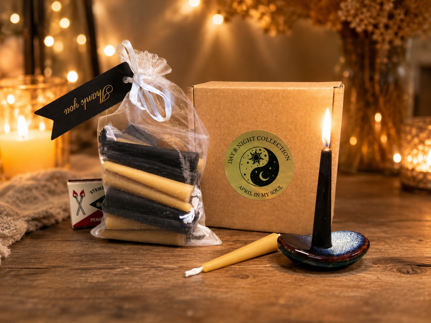 Gift Set of 30 Mini Beeswax Candles – Black and Natural Yellow, Day & Night Collection | Ritual, Prayer, Meditation Candles | Yin-Yang