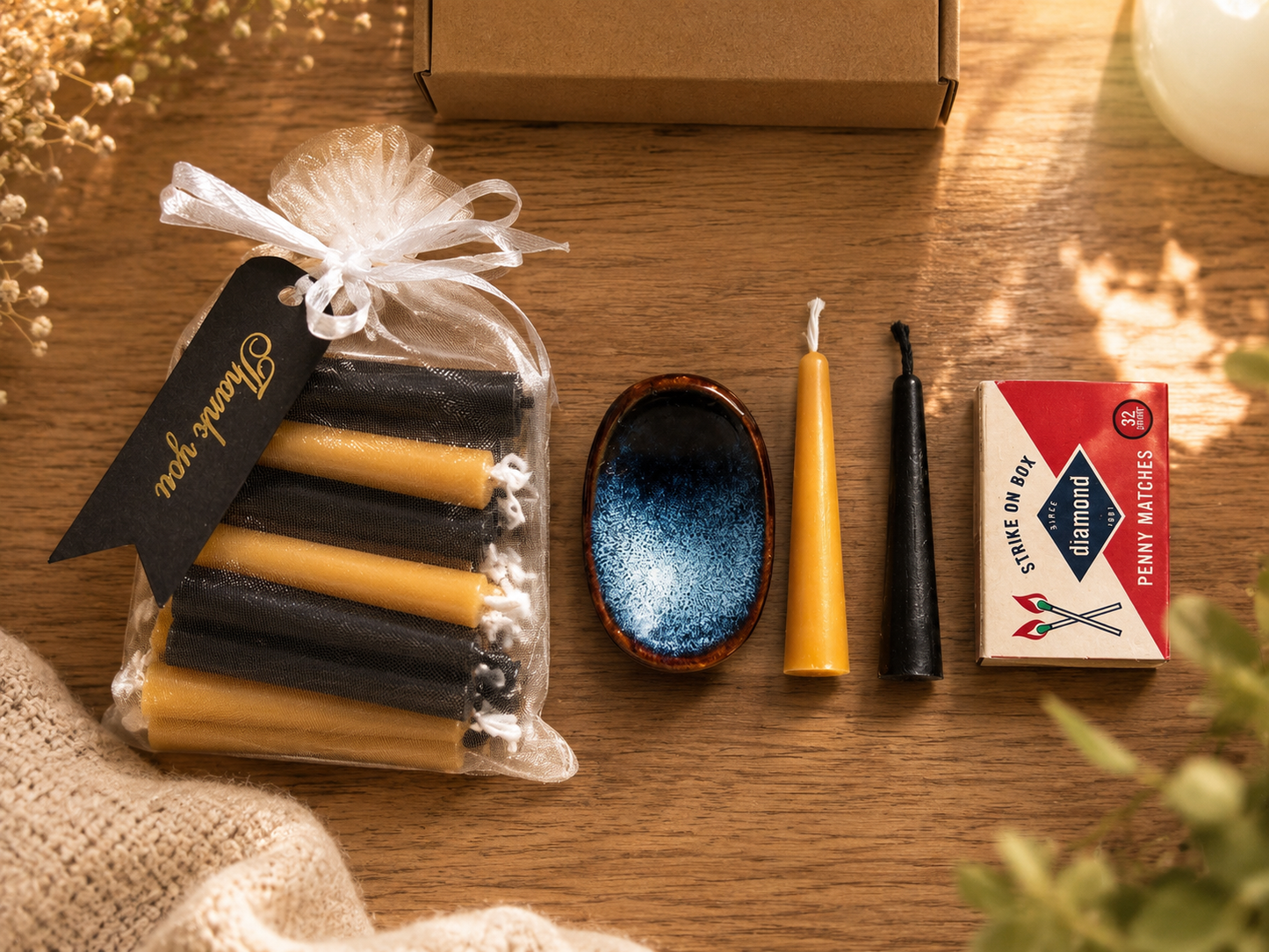 Gift Set of 30 Mini Beeswax Candles – Black and Natural Yellow, Day & Night Collection | Ritual, Prayer, Meditation Candles | Yin-Yang