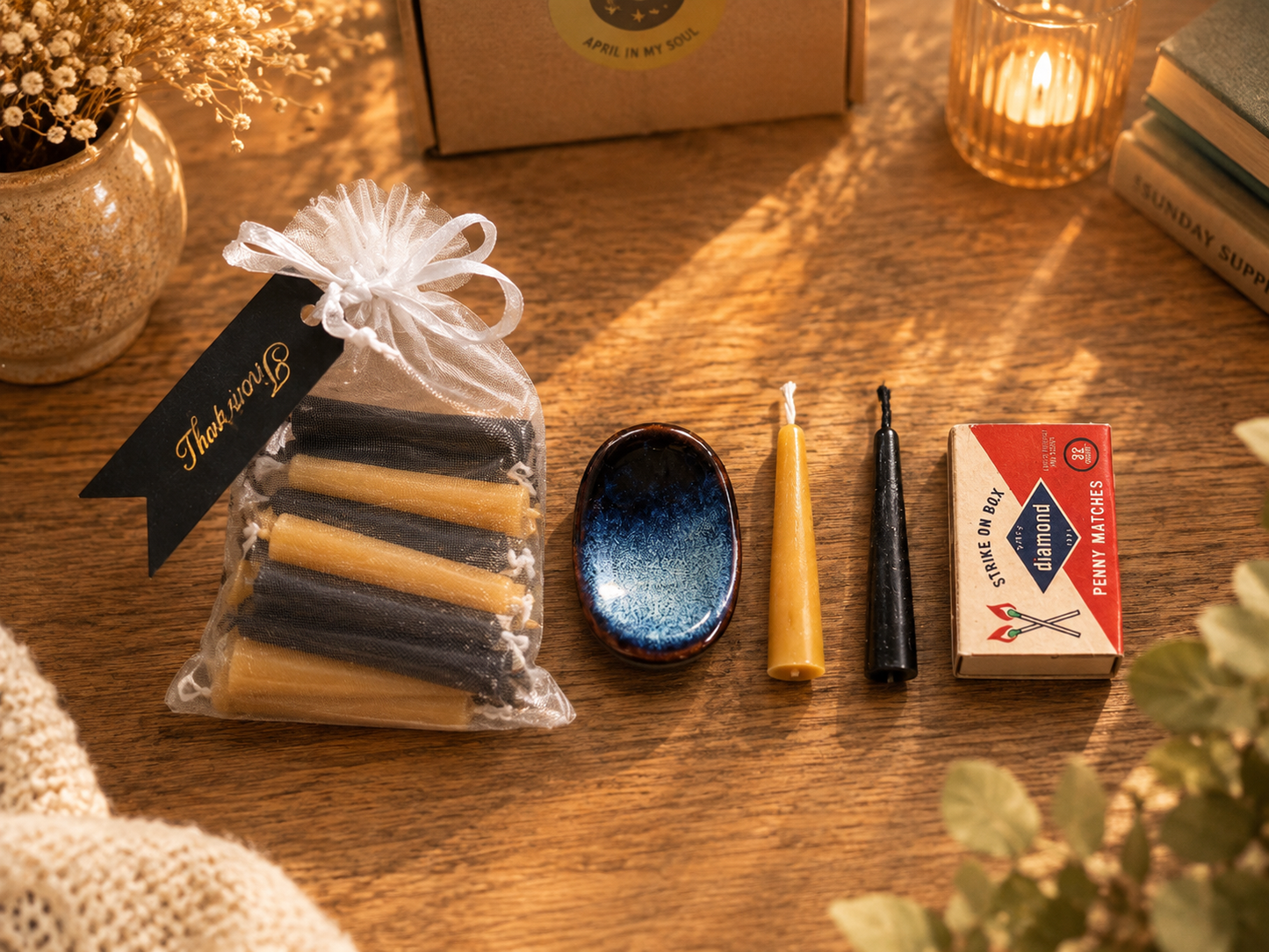 Gift Set of 30 Mini Beeswax Candles – Black and Natural Yellow, Day & Night Collection | Ritual, Prayer, Meditation Candles | Yin-Yang