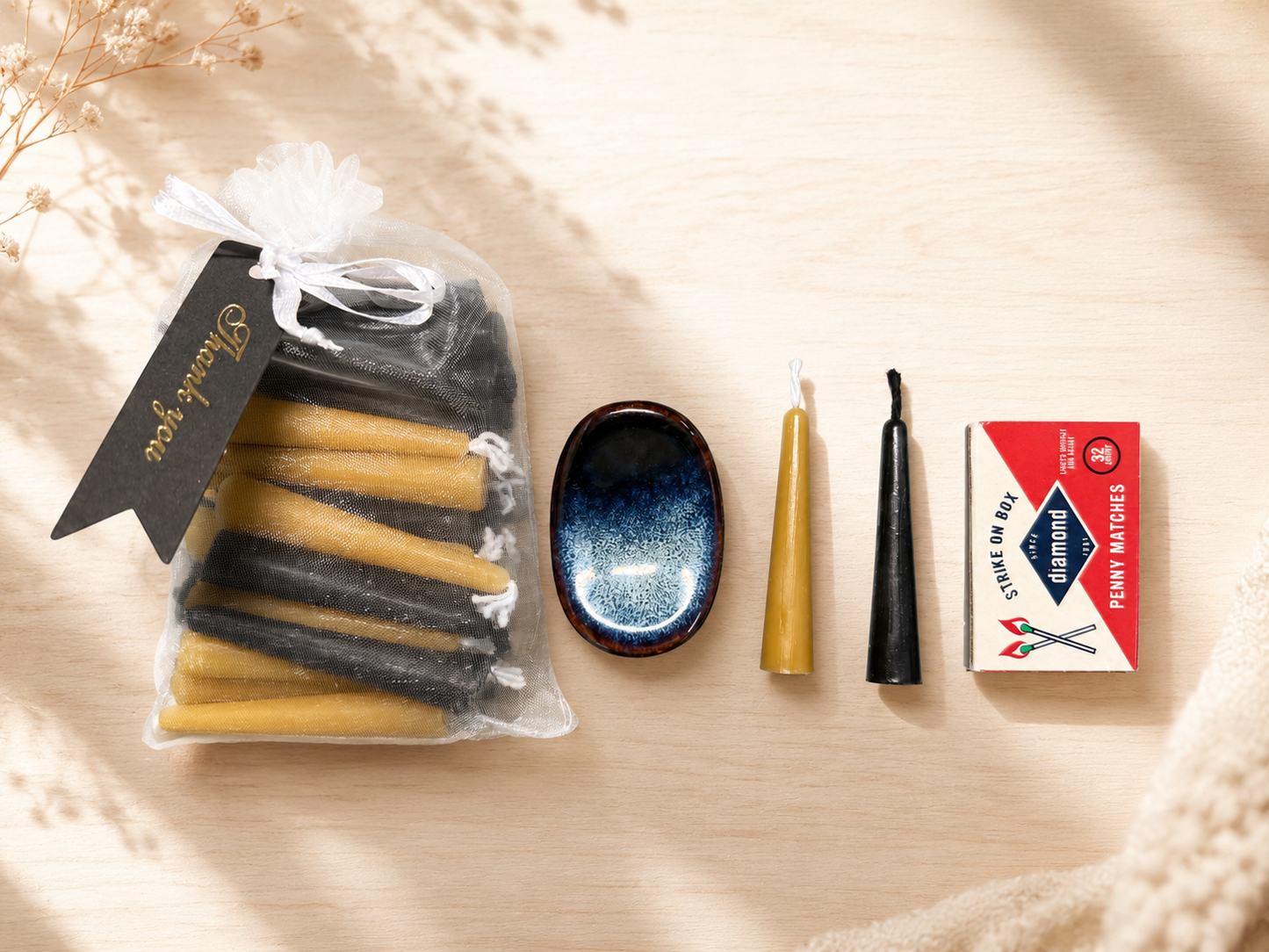 Gift Set of 30 Mini Beeswax Candles – Black and Natural Yellow, Day & Night Collection | Ritual, Prayer, Meditation Candles | Yin-Yang
