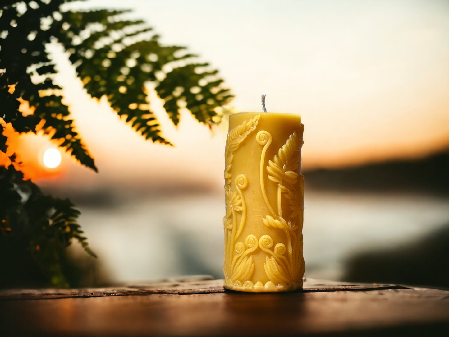 Night Glow Rustic Fern Beeswax Pillar - 4.5" x 2"