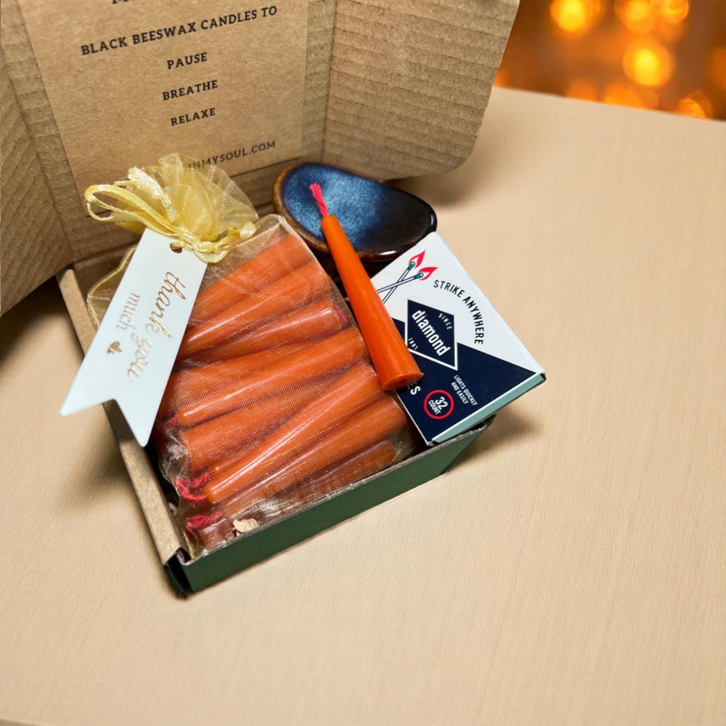 Set of 31 Mini Orange Beeswax Candles with Red Wicks – Complete Set with Holder, Matches & Box