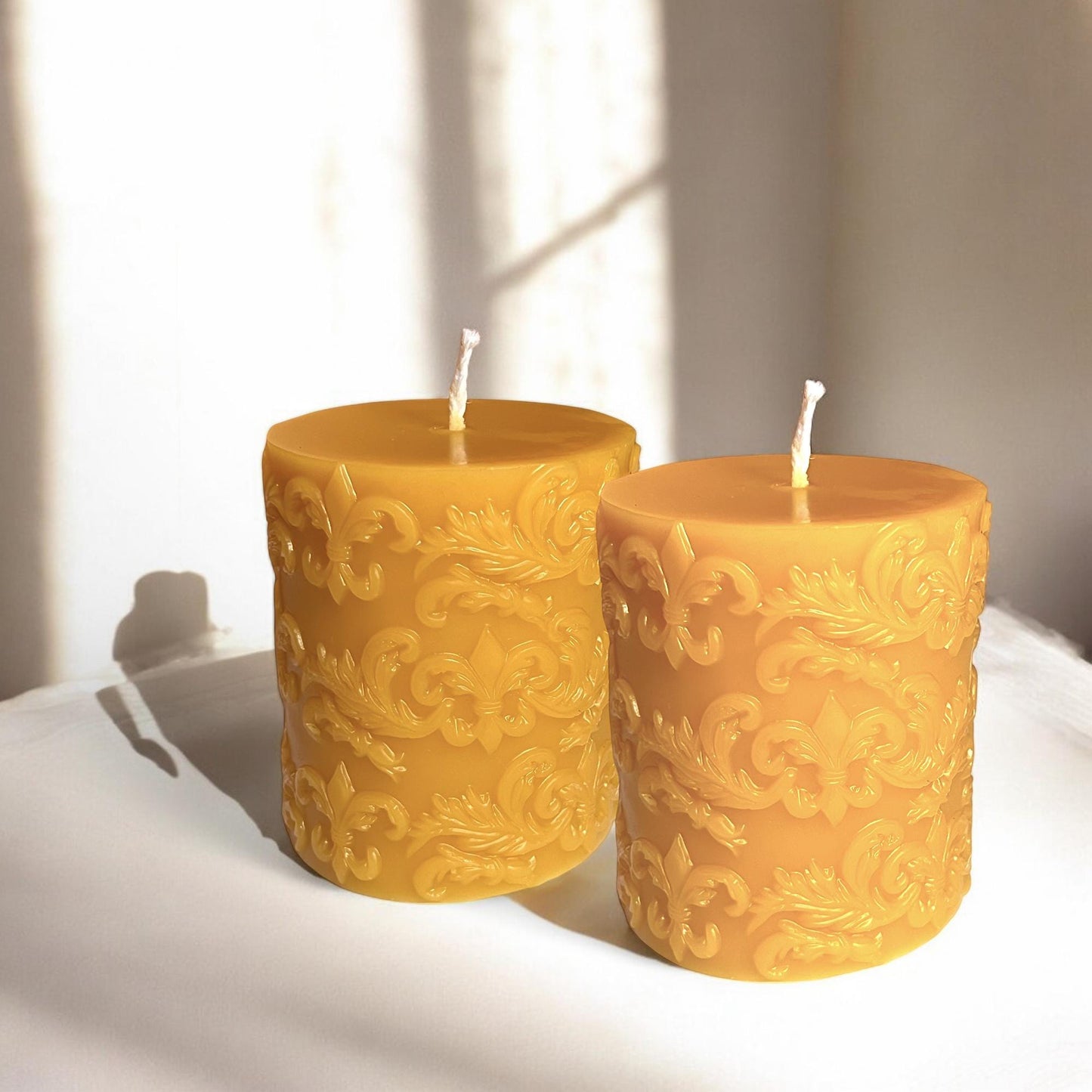 Fleur-de-Lis Beeswax Pillar Candle – Hand-Poured, 100% Pure Beeswax