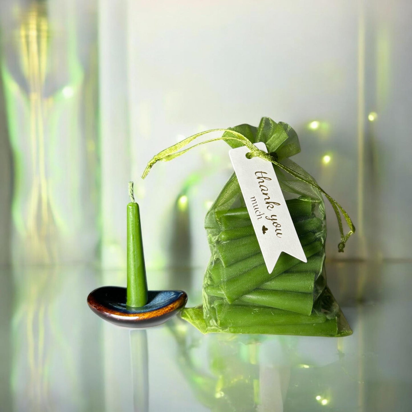 Set of 31 Green Mini Beeswax Candles with Holder, Matches & Gift Box