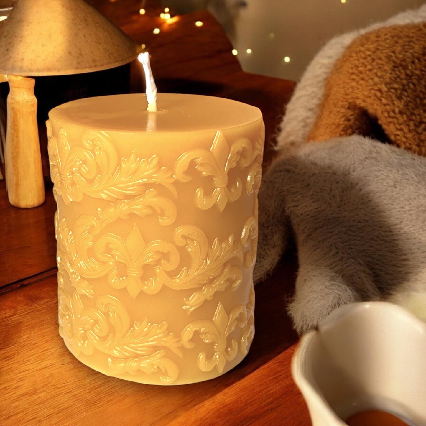 Fleur-de-Lis Beeswax Pillar Candle – Hand-Poured, 100% Pure Beeswax