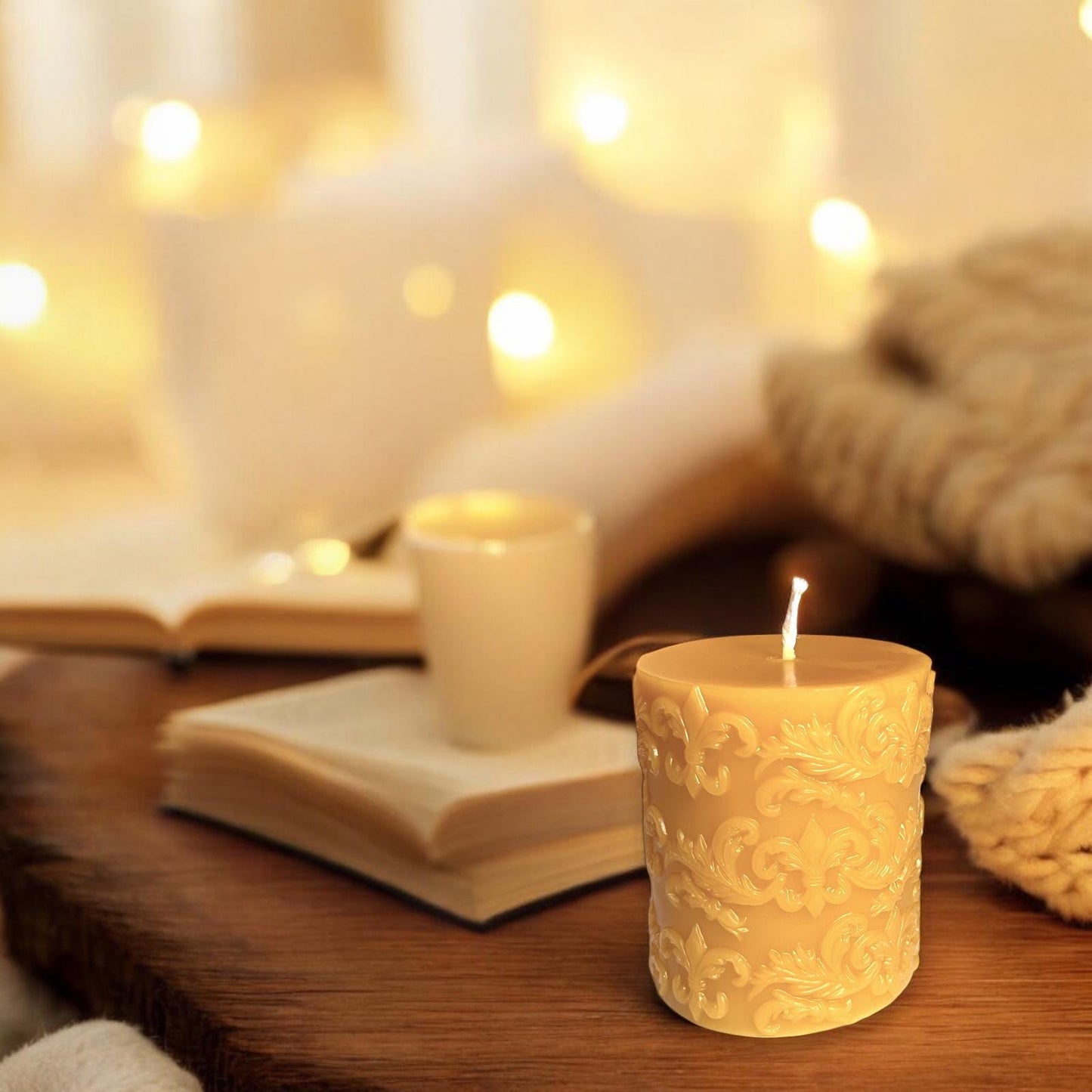 Fleur-de-Lis Beeswax Pillar Candle – Hand-Poured, 100% Pure Beeswax