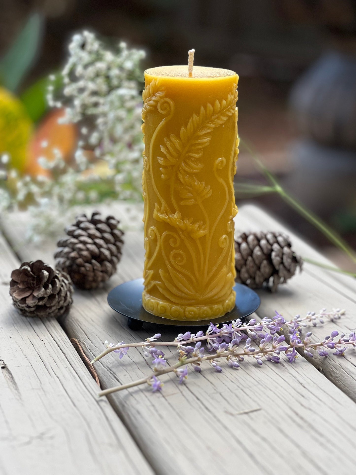 Fern Leaf Beeswax Pillar Candle – 7.2" Handmade, 100% Pure Beeswax