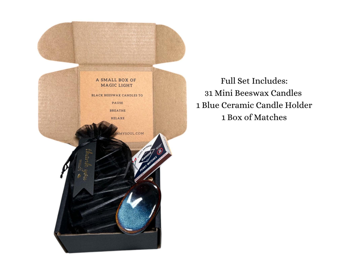 31 Nights of Calm – Black Beeswax Candle Set - 31 Mini Candles with Ceramic Holder and Matches, Relaxation and Cleansing Gift